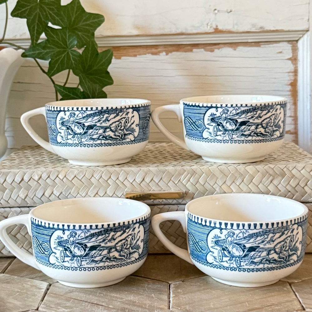 Vintage CURRIER AND IVES "Blue" Royal China Coffee/Tea Cups, SET/4 - Picture 3 of 7